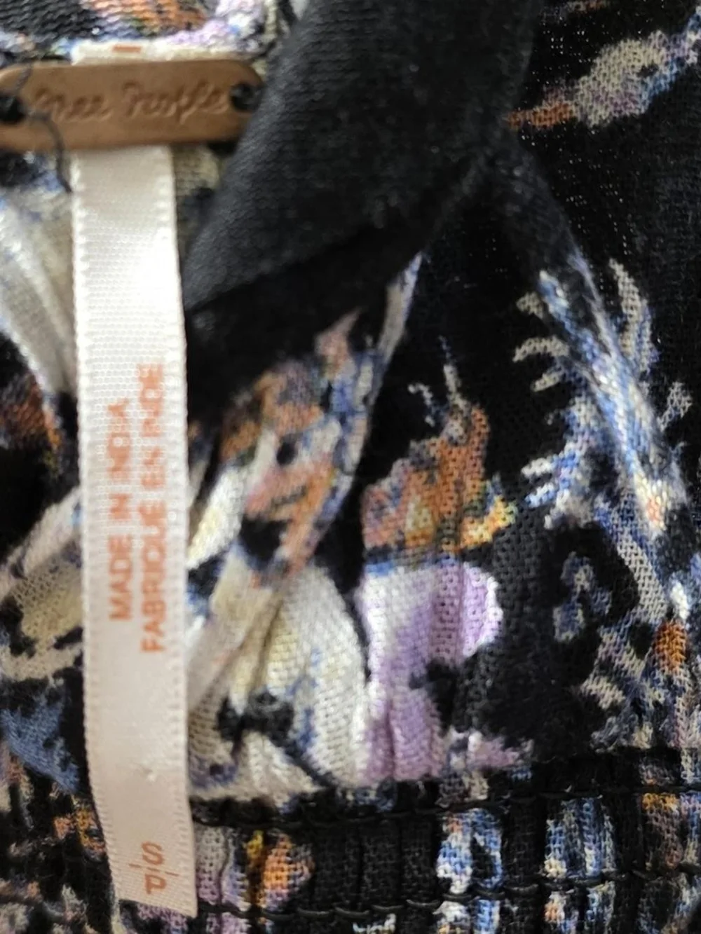 Free People Black Floral Mini Dress with Lavender and Cream Details